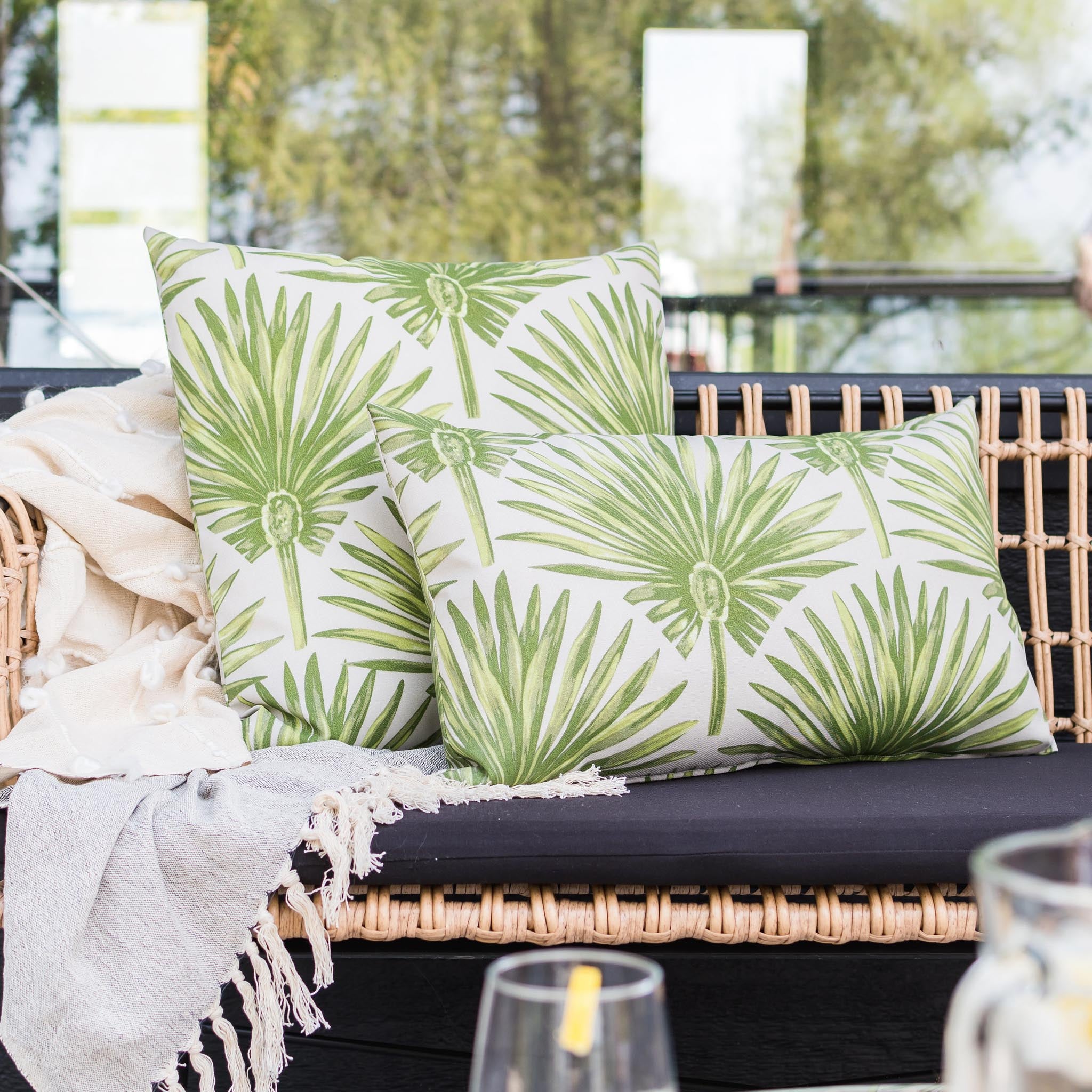 OUTDOOR PILLOW GREEN PALM LEAF LUMBAR โ Show Cushions